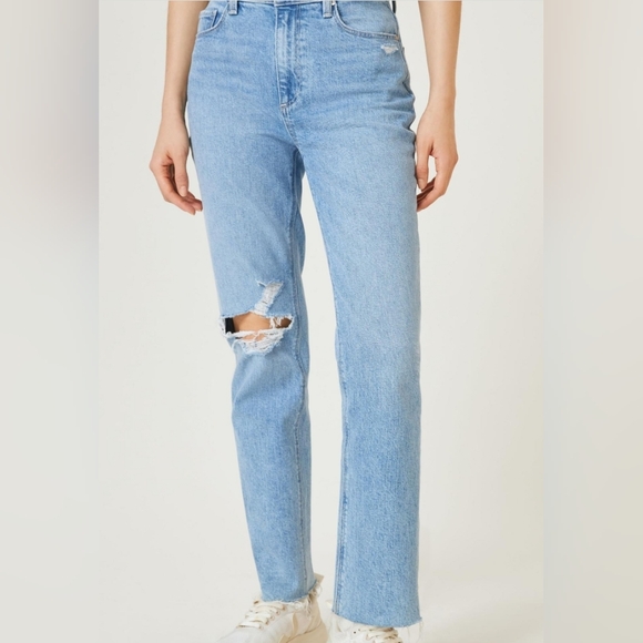 PAIGE STELLA Jeans Straight Crop High Rise Frayed Hem in Gnarly Destructed Sz 34 - Picture 3 of 13